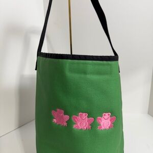 Herbert Briwn  Green Tote Bag with Pink Frog Accents